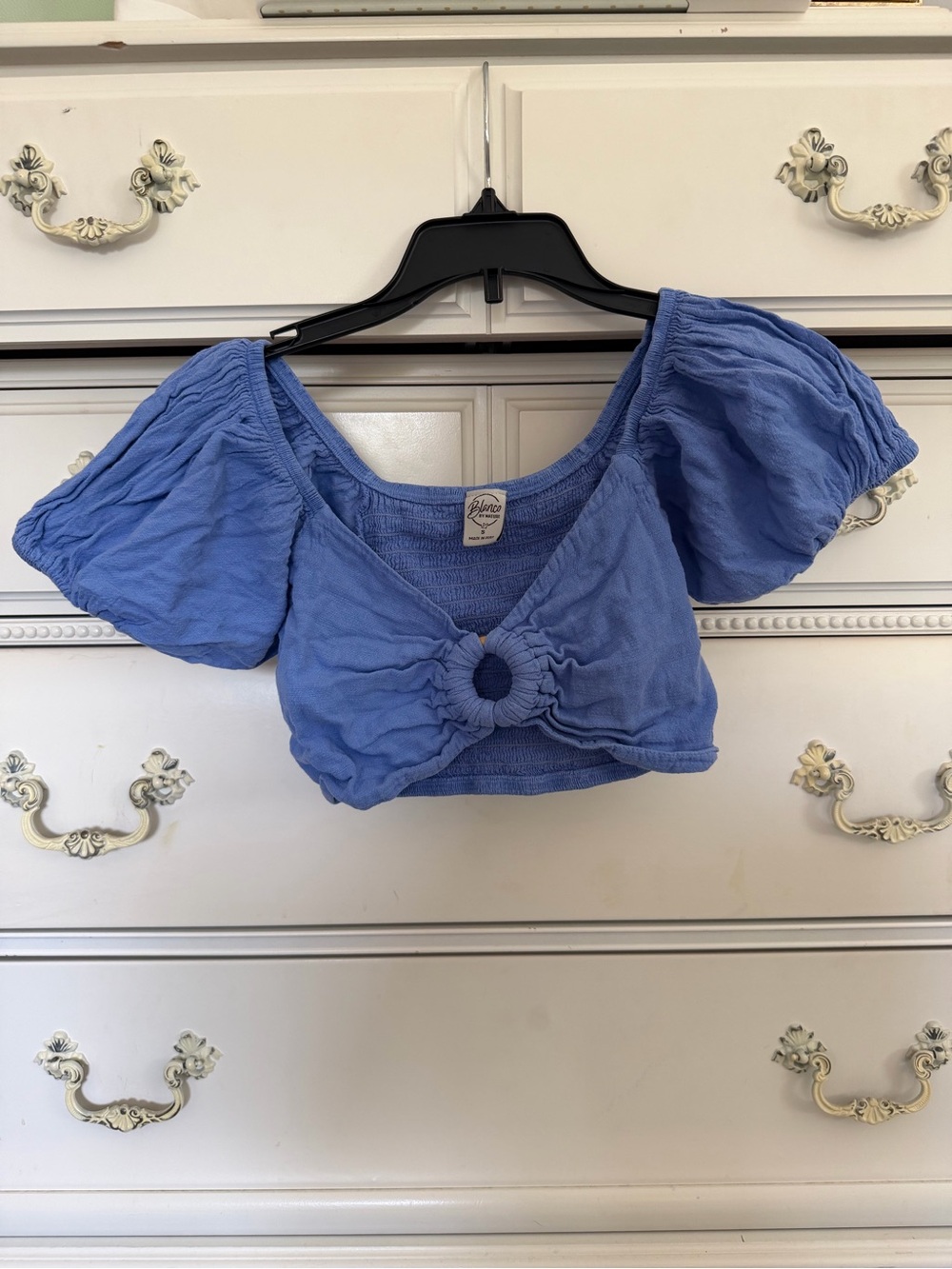 Blue Puff-Sleeve Crop Top with Ring Detail